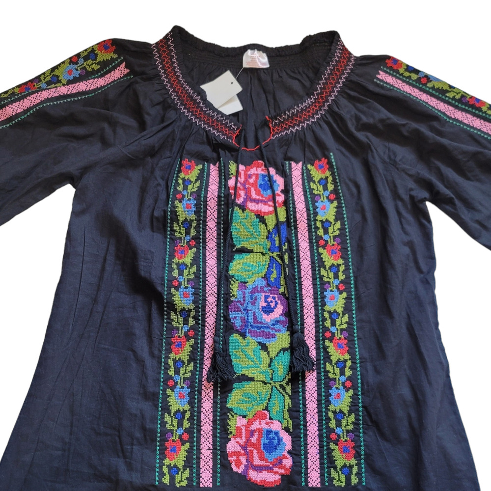Star India Boho Black Embroidered Floral Tassel Cotton Three-Quarters Sleeves - Picture 5 of 6